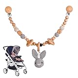 AVCXEC Kinderwagenkette Holz Baby, Kinderwagen Kette für Babys, Kinderwagenkette aus Holz und Baumwolle Gehäkelt, Kinderwagenkette Mädchen, Kinderwagenkette für Baby ab 3+ Monate (Kaninchen)