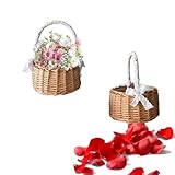 Niaciswe Geflochtener Blumenkorb 2 Stück Blumenkorb Hochzeit Blumenvase Streukorb Blumenkinder Korb Streukörbchen Streukorb Weidenkorb Mini Geflochtener Blumenkorb mit Griffen und Band für Hochzeit