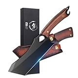 Dream Reach Fleischerbeil 10 Zoll Schwarzes Ausbeinmesser Kochmesser Hackmesser Metzgermesser scharfes Küchenmesser aus Kohlenstoffstahl mit Lederscheide Geschenkbox Flaschenöffner für Grill Camping