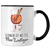 Trendation - Glühwein Tasse Lustig Spruch Glühweinbecher mit Henkel Doppelwandig Glühweintassen Gläser Weihnachtsmarkt Becher Tassen Geschenk - Wie Tee Nur Lustiger (Schwarz)