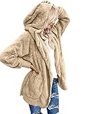 Beyove Damen Teddy Jacke Plüschjacke Oversize Teddy Mantel Fleecejacke Frau Herbstjacke Hoodie Warm Strickjacke Cardigan Kapuzenjacke mit Taschen Wintermantel Beige S