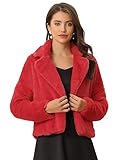 Allegra K Damen Cropped Jacke Fallendem Revers Kunstpelz Flauschiger Mantel Rot XS