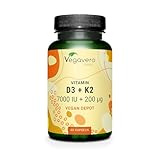 Vitamin D3 K2 hochdosiert | 100% VEGAN | 7.000 IE Vitamin D3 + 200 µg Vitamin K2 Depot pro Kapsel | Laborgeprüft & Ohne Konservierungsstoffe | Vegavero®