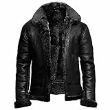 NLAVW Herren Flying Winter Jacket,Shearling Lederjacke Bomber Warm Filling Biker Motorrad Pelz Mantel Jacke,Schwarz,XL