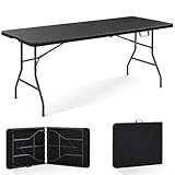 Arebos Buffettisch zusammenklappbar 182 x 74 x 74 cm in Rattan Optik Wetterfest Gartentisch Partytisch Klapptisch für Garten Terrasse und Balkon | 8 Personen | Campingtisch mit Tragegriff | Schwarz