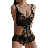 KONFEN Sexy Damen Dessous Set, Erotische Translucent Spitze Riemchen Bodysuit Frauen, Overall Lingerie mit Loch Reizwäsche BH und Höschen Sets, Verstellbare Offen Body Suit Unterwäsche (Schwarz)