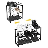 hi-home Ausziehbar Schuhregal mit 2 Etagen, Metall-Schuhständer Schmal Kleines Schuhregal, Robustes Design, Schuh-Organizer für Wohnzimmer, Kleiderschrank, Schlafzimmer und Flur, Schwarz, 70x20x37cm