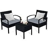 COSTWAY 3-TLG. Polyrattan Lounge Set, Gartenmöbel Rattan Sitzgruppe mit Sitzkissen & Couchtisch, Rattantisch und Stühle, Gartenset Balkon Möbel-Set für In-& Outdoor, schwarz