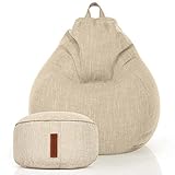 Green Bean© 2er Set Indoor XXL Sitzsack + Hocker mit EPS-Perlen Füllung - Fußhocker Fußkissen Sitz-Pouf Bodenkissen Liegekissen Sitzkissen Lounge Chair Sitzhocker Relax-Sessel Bean Bag Sand Creme