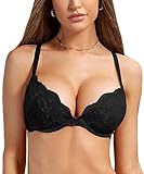 DOBREVA Damen Push Up BH Mit Spitze Gepolstert Plunge Bügel Vollschalen BHS Gemoldete Cups Schwarz 85C