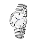 JewelryWe Uhren Damen Elastisch Metallarmband - Silber Klassische Ultradünne Analog Quarz Armbanduhr Frauen Legierung Stretch-Armband Uhr mit großem runden Zifferblatt