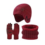 SRZYMJ Rot Wintermütze Schal Handschuhe Set， Mütze, Schal & Handschuh-Sets für Damen Herren,Touchscreen Handschuhe Winter Beanie Mütze Stricken mit Fleece Gefüttert Schal Halswärmer Geschenk Set