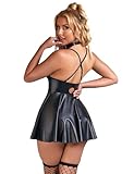 ohyeahlady Lederkleid Damen Schwarz Kurz Große Größen Negligee Dessous Damen Sexy Unterwäsche Curvy Elegant Wetlook PU-Leder Partykleid Minikleid Clubwear Mollige Reizwäsche Frauen Outfit Schwarz,S