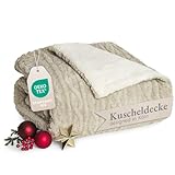 Blumtal Kuscheldecke 150x200 cm mit Zopfstrick-Optik - Oeko-TEX zertifizierte Mikrofaser Fleecedecke mit weicher Sherpa-Innenseit/Sherpa Decke flauschig 150x200 - warme Kuscheldecke in Beige und Weiß