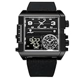 DAXIAOYU Luxuriöse große rechteckige Herren-Armbanduhr, wasserdicht, leuchtend, Tages-/Wochen-Digitaluhr, Multifunktions-Quarzuhr, Schwarz , Armband