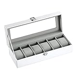 LINGFANSTORE Uhrenbox Uhrenkasten, Uhrenbox Herren für 6 Uhren, mit Glasfenster, Uhren Aufbewahrung aus PU Leder und Samt, von Uhren und Schmuck Aufbewahrung (Weiß-W04W)