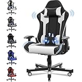 JUMMICO Massage Gaming Stuhl, Bürostuhl Ergonomisch mit Lendenwirbelstütze, Computerstühle Racing Bürostühle Sessel, Höhenverstellbar Liegestuhl Schreibtischstuhl 150kg Belastbarkeit, Weiß