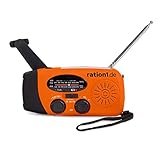 Kurbelradio, Solarradio mit Kurbel, Notfallradio mit integrierter LED-Taschenlampe, USB Anschluss, Handkurbel, integrierte Powerbank orange, durchsichtig