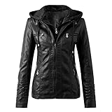 Lederjacke Damen Kunstleder Jacke Damen Lederjacke mit Kapuzen Große Größen Herbst Winter Langarm Motorrad Jacke Winterjacke Slim Fit Hoodie Mantel Streetwear mit Reißverschluss Tasche