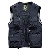 BREEWO Casual Weste Herren V-Ausschnitt Reißverschlussleiste Taschen Weste Herren Ärmellos Atmungsaktiv Sommer Weste Herren Outdoor Angeln Fotografie Einfarbig Weste Herren J-Dark Blue XXL