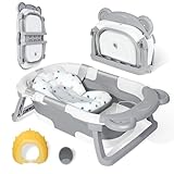 Orzbow Faltbare Baby Badewanne,Baby Wanne Set Neugeboren mit Baby Badewannenkissen,Baby-Badebürste und Duschhaube Kinder,Kinderbadewanne mit Abflussloch für 0-24 Monate (Grau)