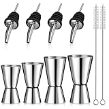 Edelstahl Cocktail Messbecher, 4 Stück 3cl/4cl/5cl/6cl Cocktail Doppelmass Skala, Doppelmass Jigger mit Skalierung Dual mit 4 Flaschenausgießern & 2 Pinseln für Bar Party Wein Barmass Getränke Shaker