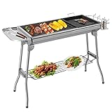 Holzkohlegrill, Klappgrill, Campinggrill, Picknickgrill, aus Edelstahl, Grill mit Antihaft-Pfanne, 2 Grillrost,2 Kohlerost, 106*33*72cm, für 5-10 Personen, Komplettes Zubehör