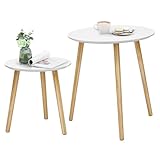 SONGMICS Beistelltisch-Set rund, 2 Moderne Sofatische, minimalistisch, skandinavischer Stil, Couchtische mit Beinen aus Massivholz, Tischkombination fürs Wohnzimmer, Balkon, Kiefernholz LET07WN