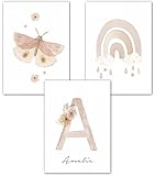 double critical Wandbilder Kinderzimmer Poster 3er Set Name personalisiert Bild Babyzimmer Boho Regenbogen Poster Mädchen Wanddeko A4 A3 Rosa Beige