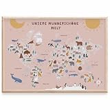 MeinBaby123® Weltkarte für Kinder | Tierweltkarte DIN A2 | Kinderzimmer Bilder | Lernposter | Weltkarte für das Kinderzimmer mit Tieren | Premium Qualität (Weltkarte - rosa)