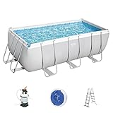 Bestway Power Steel Frame Pool-Set mit Sandfilteranlage 412 x 201 x 122 cm, lichtgrau, eckig