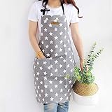 Lindong Sterne Schürze mit Tasche Baumwolle Leinen Damen Küchenschürze Latzschürze Kochschürze zum Kochen oder Backen grau