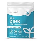 Zink Tabletten 25mg - 400 Vegane Tabletten - Zink Hochdosiert, Ohne Unnötige Zusatzstoffe - Für die Aufrechterhaltung Eines Normalen Immunsystems, Kognitive Funktion, Knochen, Haare & Haut - Nutravita