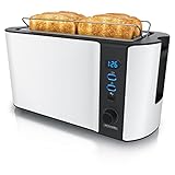 Arendo - Edelstahl Toaster Langschlitz 4 Scheiben, Defrost Funktion, Wärmeisolierendes Gehäuse mit integriertem Brötchenaufsatz - 1500W - Krümelschublade, Display mit Restzeitanzeige - weiß matt