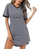 Litherday Nachthemd Damen Kurz Nachtwäsche Baumwolle Loungewear Katze Nachtkleid Negligee Kurze Sommer Ärmel Sleepshirt mit 2 Tasche, Dunkelgrau, L