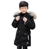 linboo Winterjacke Jungen Kinder Jacke mit Abnehmbare Fellkapuze Dicke Steppjacke Gefüttert Warme Parka Outdoor Winddicht Wintermantel, Schwarz, 134-140