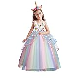 NNJXD Mädchen Einhorn Kleid Applikation Party Cosplay Halloween Kostüm (130) 5-6 Jahre 719 Weiß-A