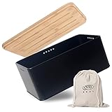 Theo&Cleo Brotkasten mit Schneidebrett, 33x21x15cm, Matte Brotbox mit Holzdeckel und Leinen Brotbeutel, Rundum Belüftung, Brotkorb für langanhaltende Frische Schwarz