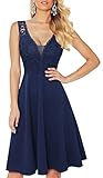 HOMEYEE Damen Vintage V-Ausschnitt Ärmel Blumen Spitze Rockabilly Swing Cocktailkleid A288 (S, Marineblau)