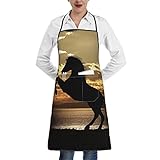 JUTENI Pferd unter Sonnenuntergang, personalisierte Schürze für Damen und Herren, mit Taschen, lustiger Aufdruck, Polyester-Kochschürze, weiß, One size