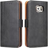 Bozon Galaxy S6 Hülle, Leder Tasche Handyhülle Flip Wallet Schutzhülle für Samsung Galaxy S6 mit Ständer und Kartenfächer/Magnetverschluss (Schwarz-Grau)