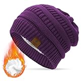 Durio Mütze Damen Winter Strickmütze Grobstrick Warme Beanie mit Innenfutter Lila