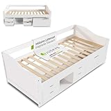 Juskys Funktionsbett Nalu 90x200 cm - Holz Bett mit Lattenrost & Schubladen - Stauraumbett für Kinder - Jugendbett, Kinderbett, Gästebett - Weiß