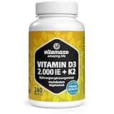 Vitamaze® Vitamin D3 K2 hochdosiert, 2000 IE Vitamin D3 + 100 mcg Vitamin K2 MK7 All Trans, 240 Tabletten Vitamin D ohne unnötige Zusatzstoffe, in Deutschland hergestellt