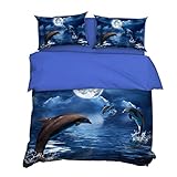 Bettwäsche Set Kinder 3D Blue Sea World Design, Schöne Meerjungfrau Korallen Delfine Conch Schildkröte Seestern, Polyester Bettbezug Und Kissenbezug (Delphin, Single 135x200cm)