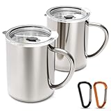 Yoassi Edelstahl Camping Becher, 2er Set Thermotasse mit Deckel und Karabiner, doppelwandige Isolierbecher, Kaffeebecher Kaffeetasse Trinkbecher BPA frei für Outdoor und Camping (400 ml)