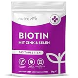 Biotin + Selen + Zink Tabletten für Haut, Haare & Nägel - 365 vegane Tabletten für 1 Jahr - Haar Vitamine für Haarwachstum - Biotin Zink Selen Hochdosiert - Laborgeprüft - Nutravita