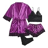 Satin Pyjama Damen 4-Teiliges Kurz Schlafanzug Cami And Shorts Set - Sexy Nachtkleid Frauen Silk Pyjama Sets Weiches Hausanzughose - Atmungsaktiv Pyjamahose Spitze Sexy Träger Loungewear S-3XL