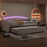 Polsterbett mit Ausziehbett 90x200 cm(90x190 cm), Schlafsofa Tagesbett mit LED Beleuchtung und Lattenrost, Gästebett Daybett Kinderbett Sofabett Jugendbett Bettgestell, Samt, Ohne Matratze, Beige