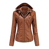 E-girl Damen Braun Lederjacke Schlank Kurz Kunstleder Kapuze Jacket Reißverschluss Motorrad Jacke für Frühling und Herbst,L,C6699N